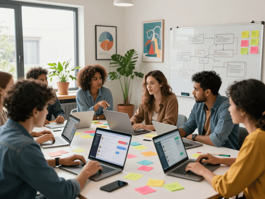 Spicychat team brainstorming ideas in a vibrant co-working space.