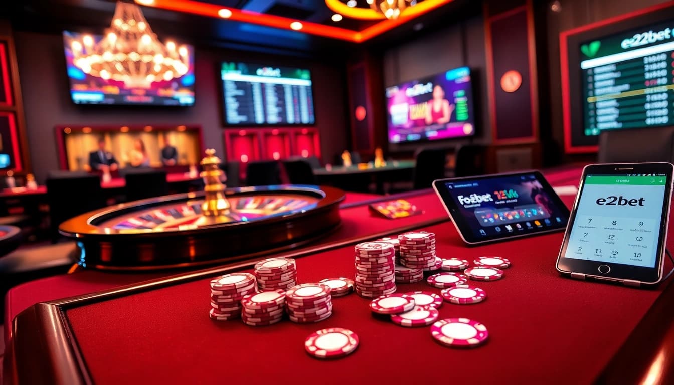 Engage with e2bet's vibrant casino experience featuring poker chips and cards.