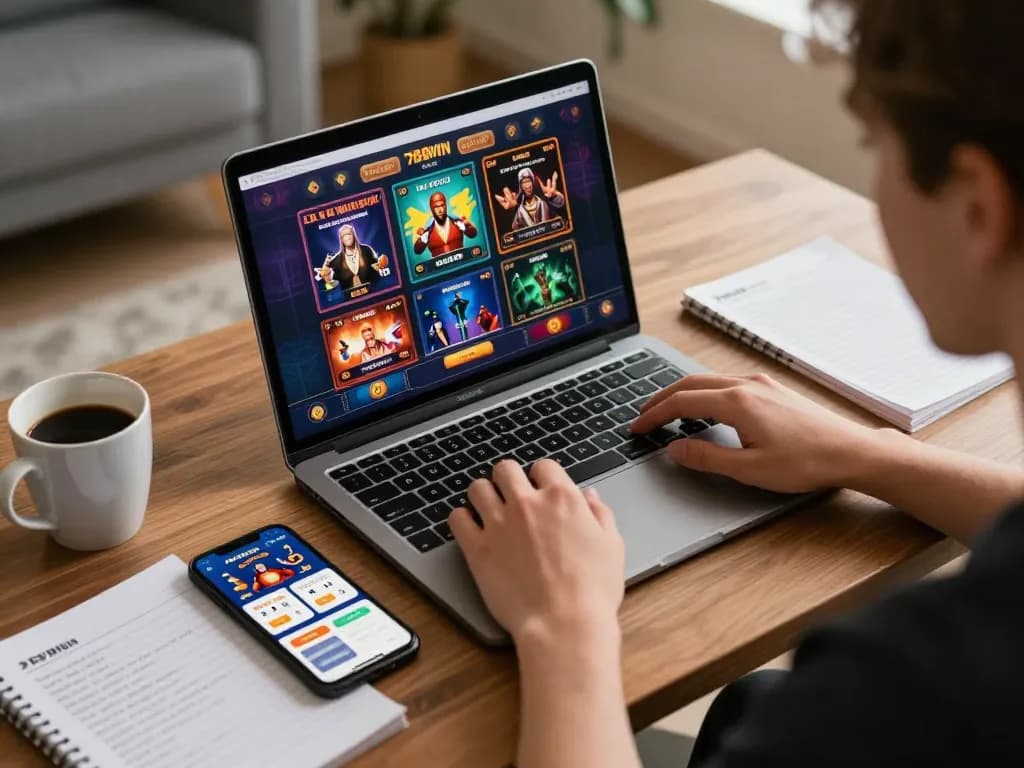 Engaging in online casino gaming with 789WIN app on a laptop, highlighting relaxed entertainment