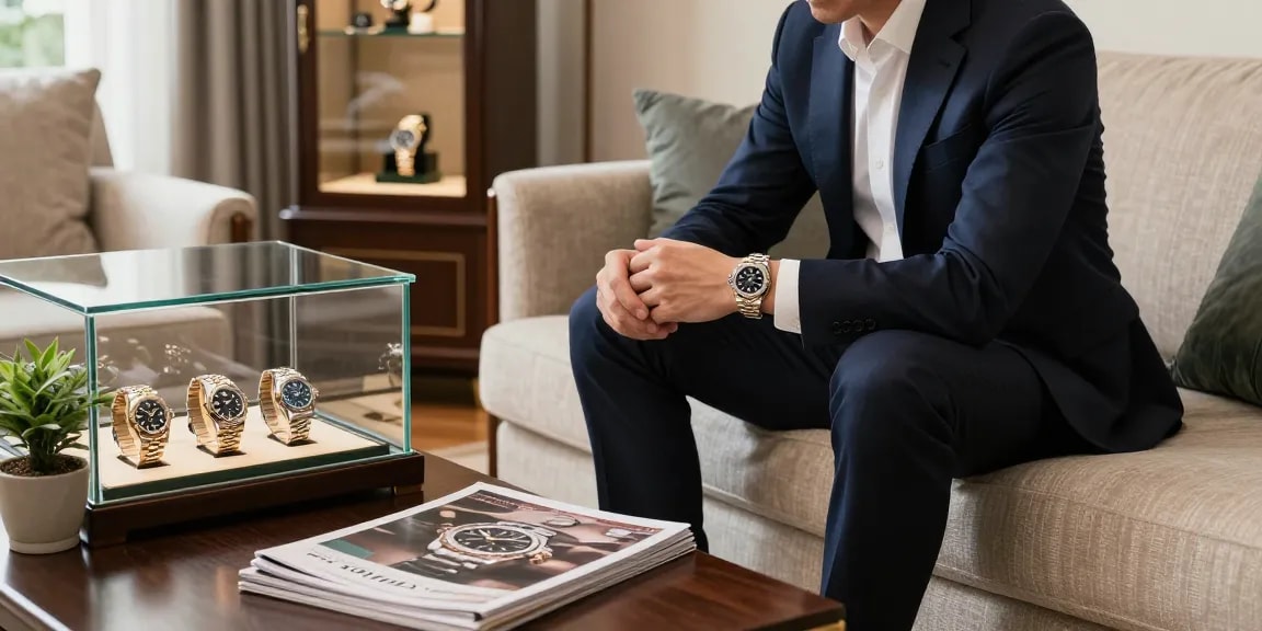 Person showcasing a Rolex replica watch in a stylish living room setting, emphasizing craftsmanship and luxury.