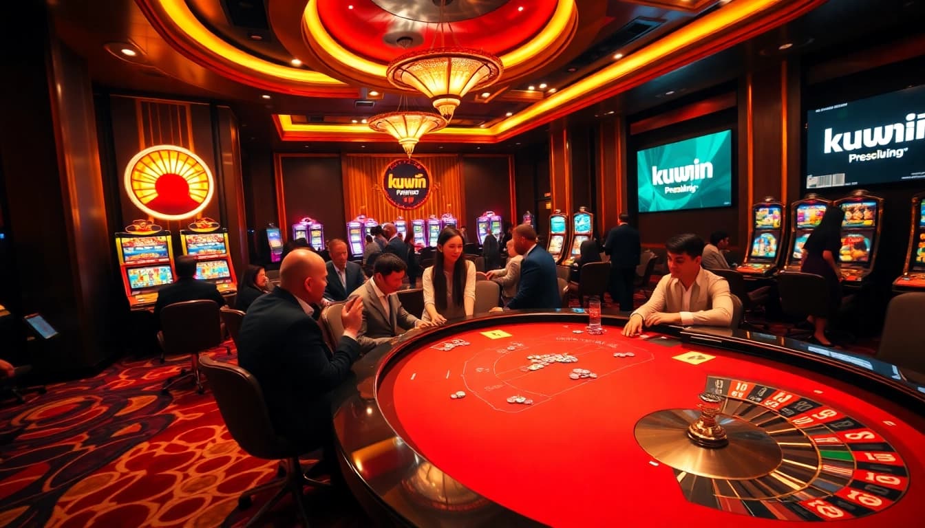 Experience the thrill of kubin gaming with players at the poker table amidst vibrant casino elements.