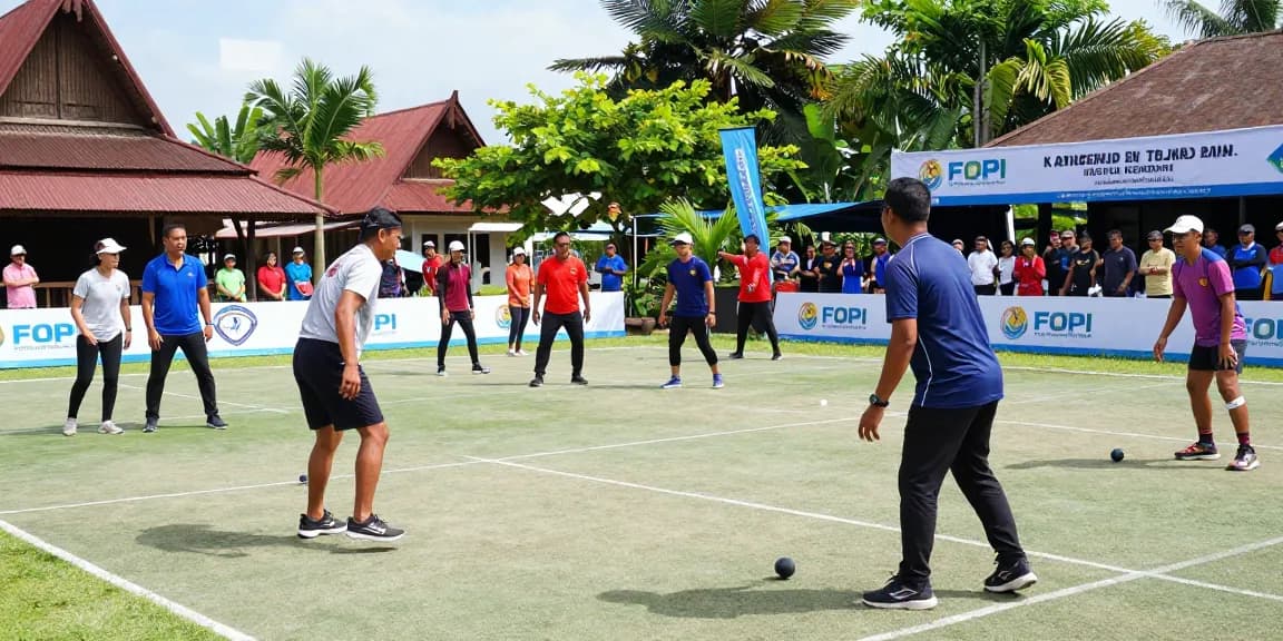 FOPI Kota Kendari petanque court scene with players in action, showcasing community spirit and sportsmanship.