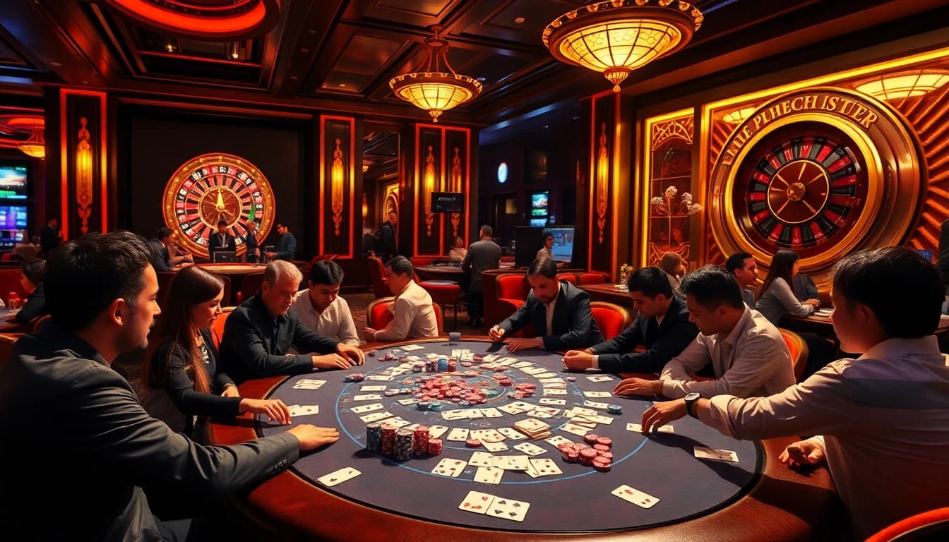 Players enjoying high-stakes poker at AZ888.fubol casino, with vibrant gaming elements and luxury atmosphere.