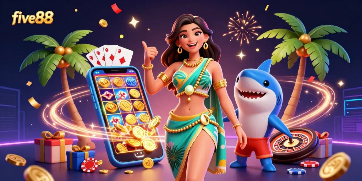 Experience the vibrant world of five88 with a glamorous beach goddess and a surfer shark, showcasing an exciting casino adventure.