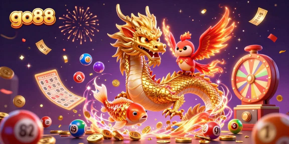 Experience the thrill of go88 with a vibrant 3D dragon and phoenix amidst a dynamic casino scene.