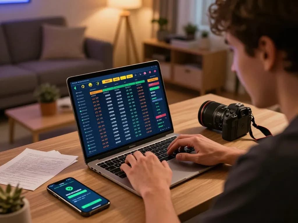 Engaged bettor using 22bet app for online sports betting from a stylish home workspace