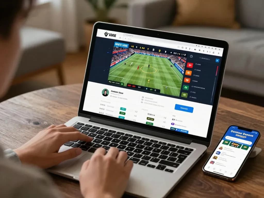 Person engages in 3Bet online sports betting at home, with a vibrant interface and relaxed atmosphere.