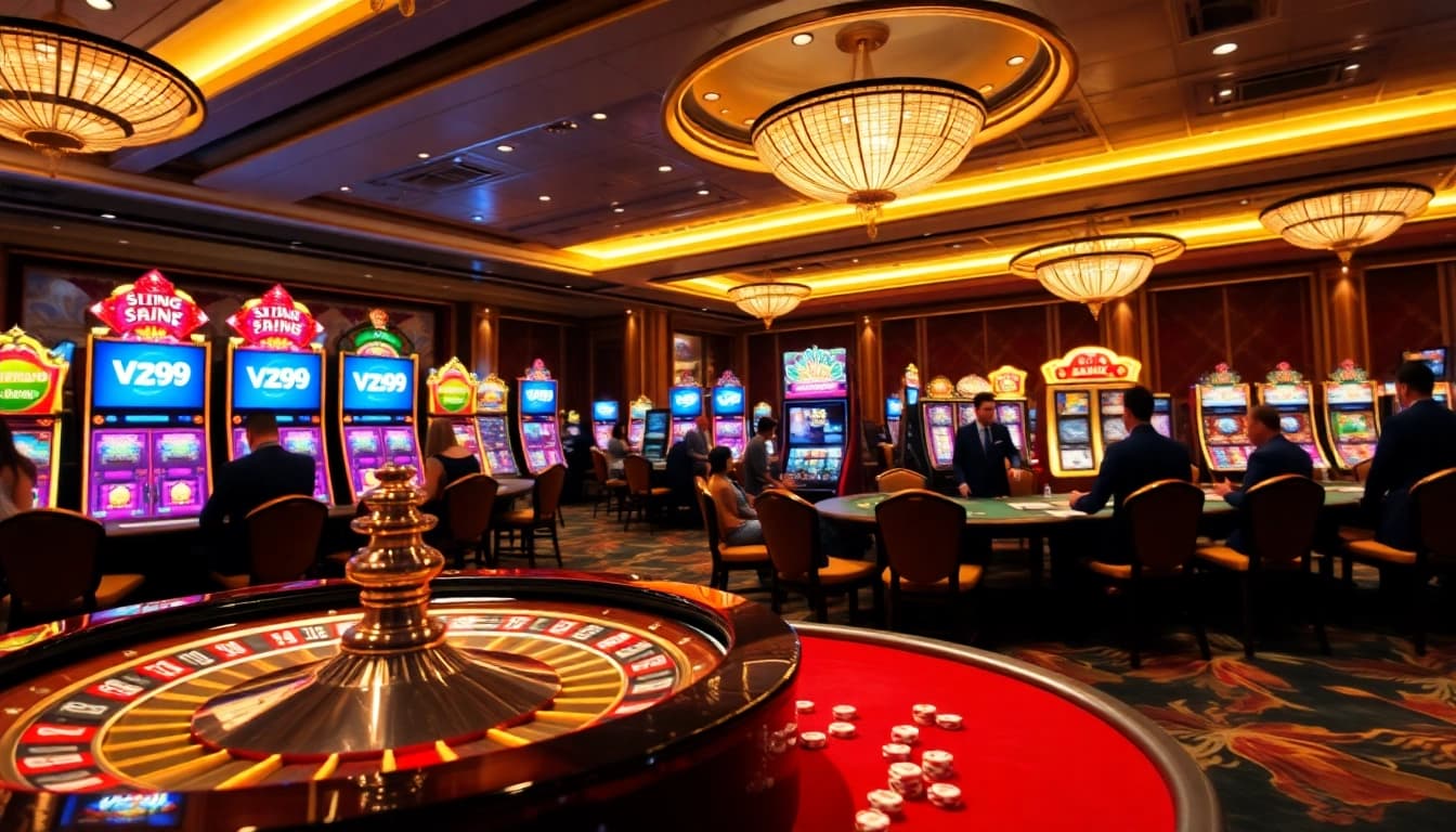 Experience high-stakes gaming at Vz99 with vibrant slot machines and professional dealers.