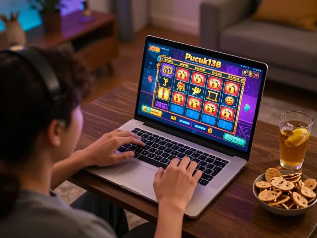 Pucuk138 online gamer placing bets on an exciting slot game from a cozy home setup