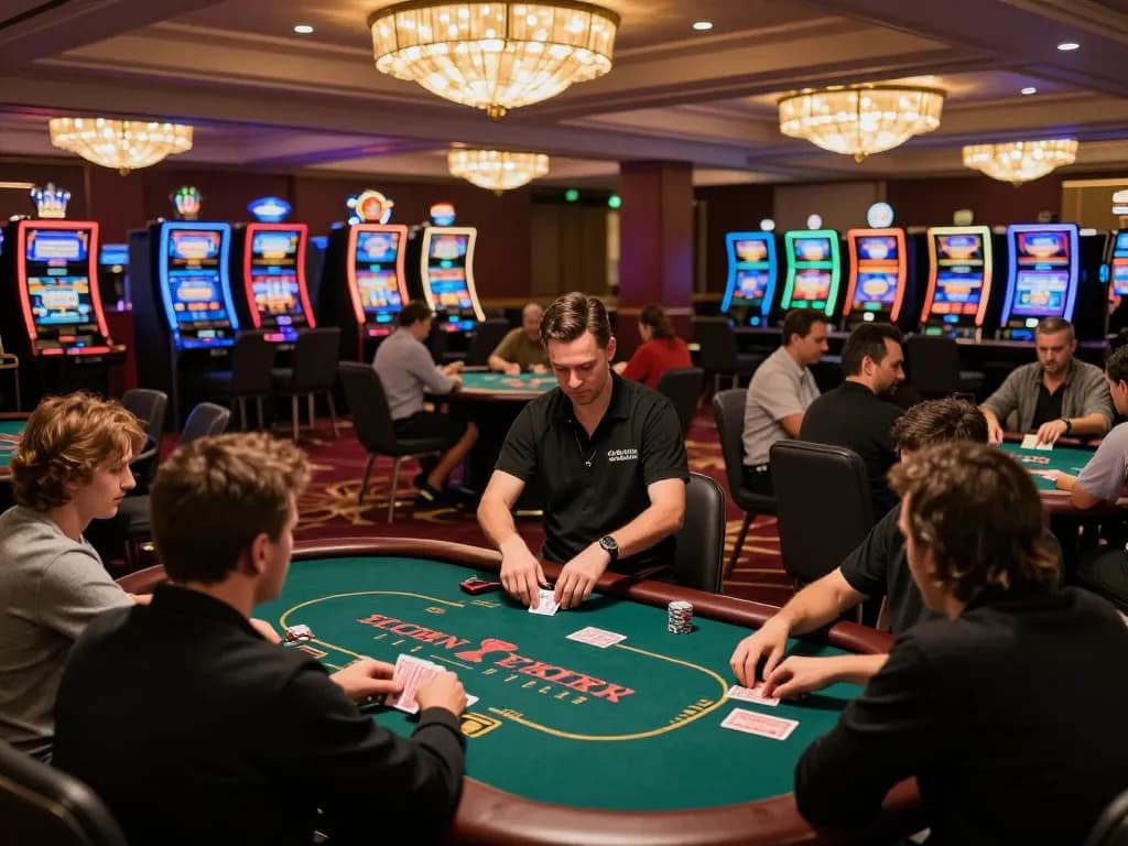 Rikvip poker tables in a bustling casino, players engaging with excitement.