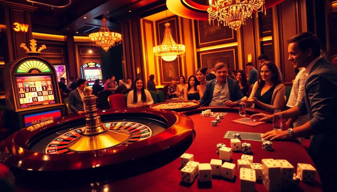 A dynamic casino scene featuring gameplay at 3win.com with roulette, chips, and excited players.