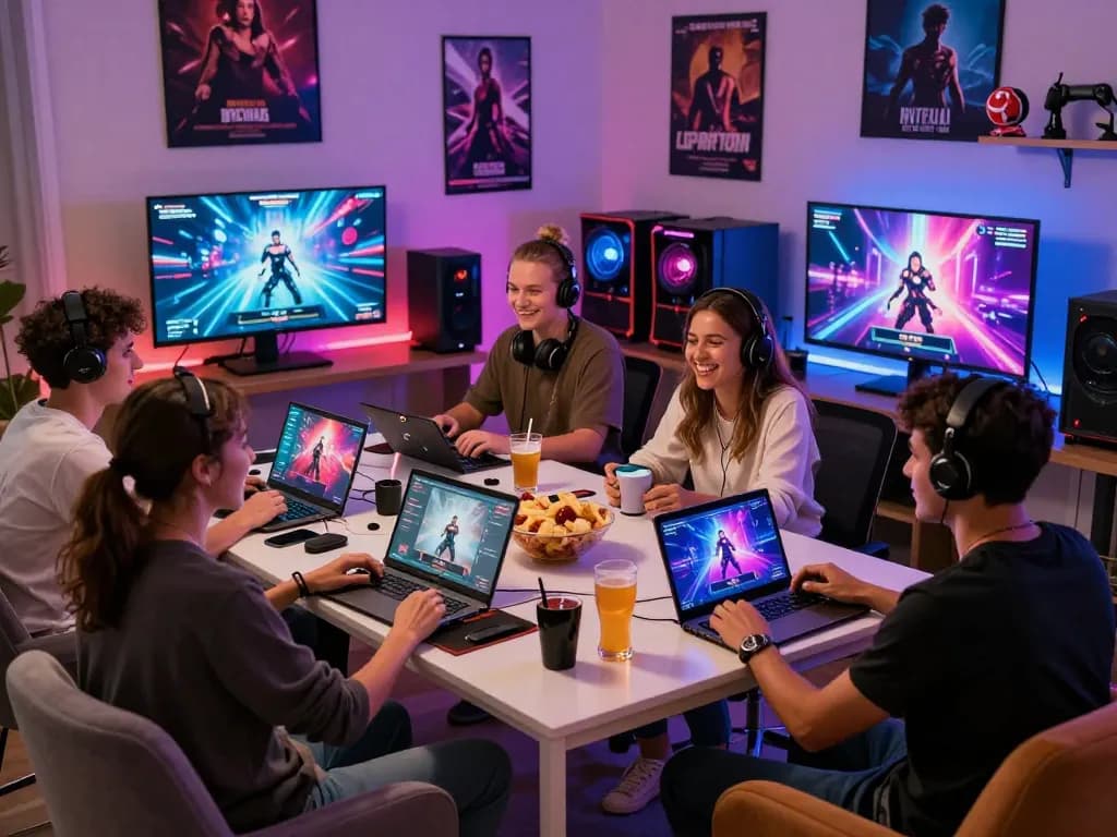 Diverse friends enjoying interactive porn games on various devices in a vibrant gaming environment.