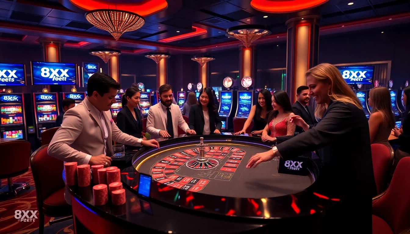 Experience 8XX bet excitement with players at a roulette table in a luxurious casino setting.