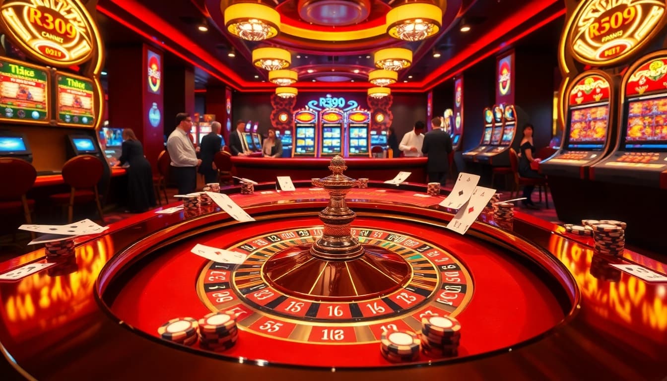 Engaging RR99 casino experience with vibrant game tables and luxury decor.