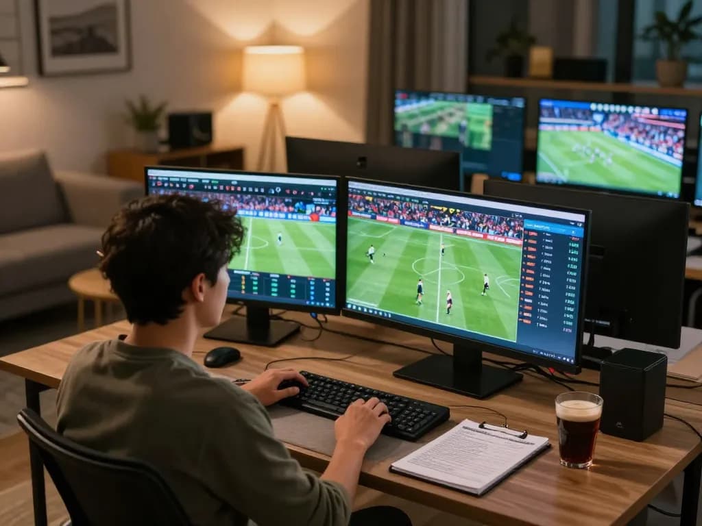 Bongdalu user engaged in sports betting analysis at home with multiple screens displaying live odds.