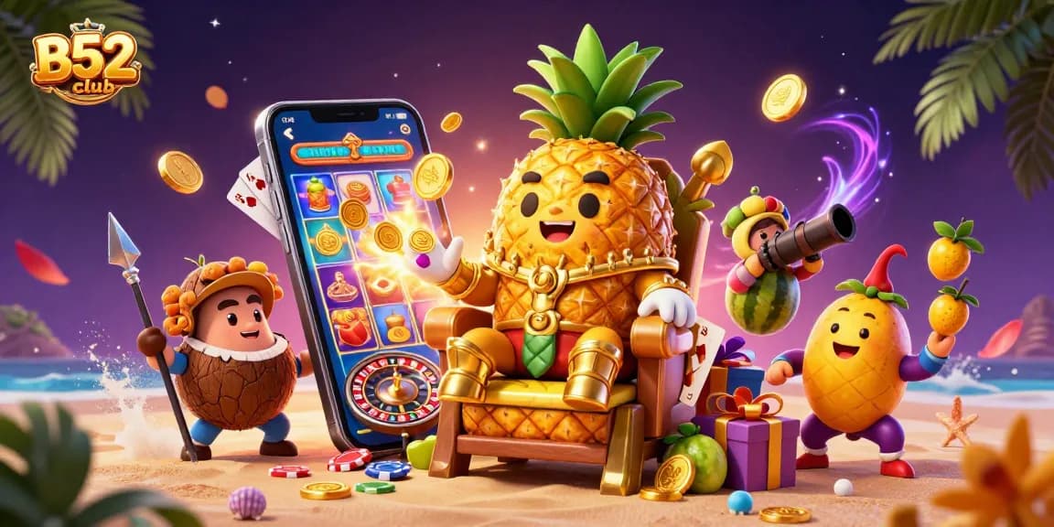 Experience excitement at B52club with a lively 3D scene of a pineapple king, tropical elements, and gambling games.