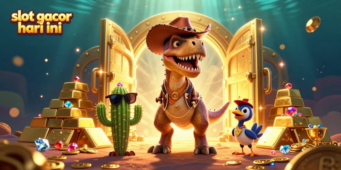 Spin and win at the dynamic scene of slot gacor hari ini featuring the cartoon T-Rex and treasures of gold!
