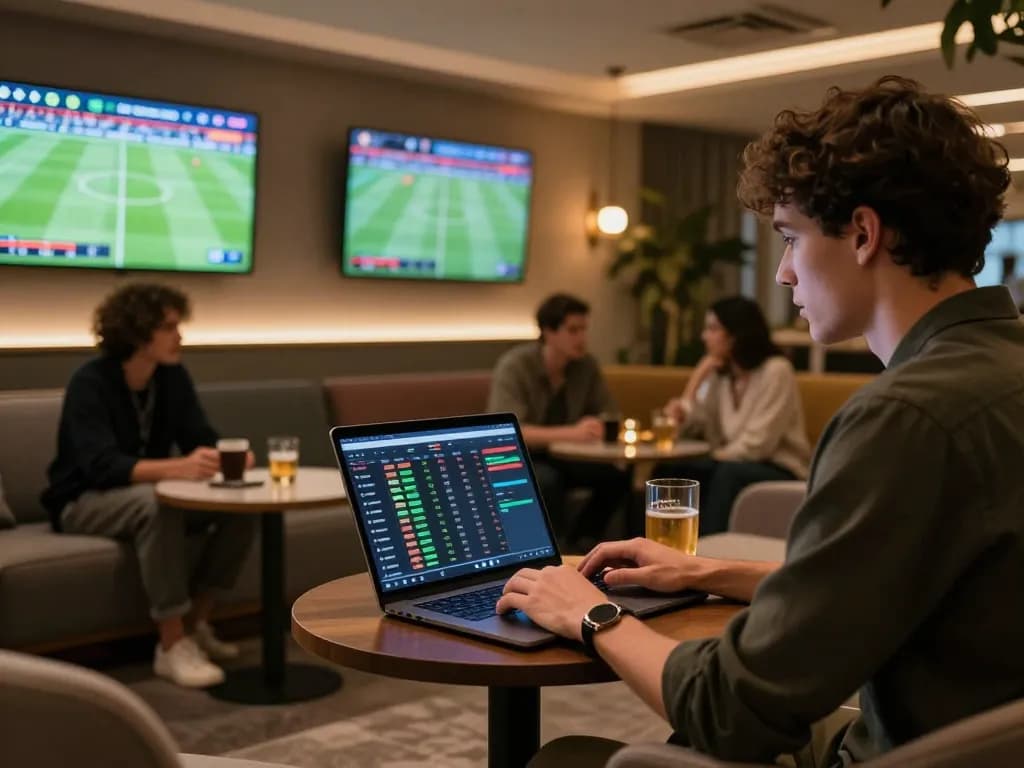 Sky88 users engaging in sports betting strategies while watching live games in a modern lounge setting