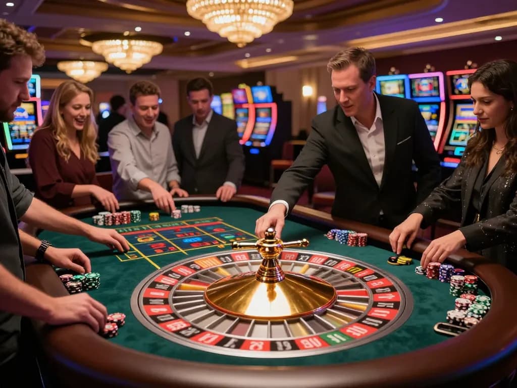 Players engaging in thrilling roulette gameplay at a casino table while betting on Go 88 options, vibrant colors and dynamic atmosphere