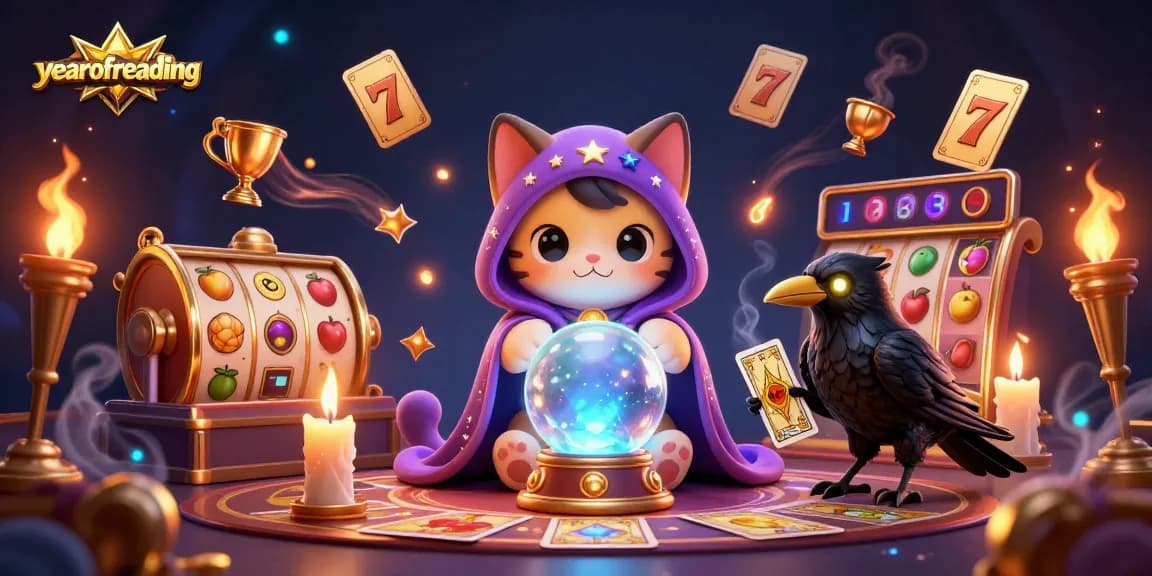 Experience the thrill of yearofreading at a vibrant casino, with mystical characters and dynamic slot reels.