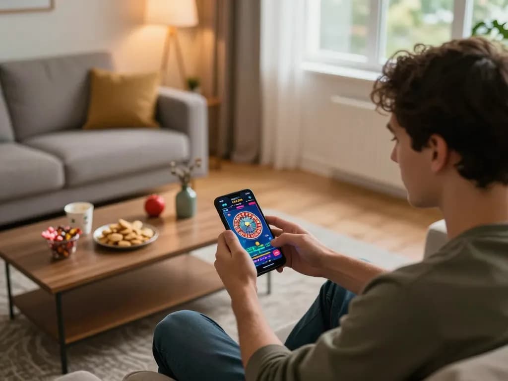 Player immerses in exciting 8kbet mobile casino action at home, showcasing vibrant roulette game.