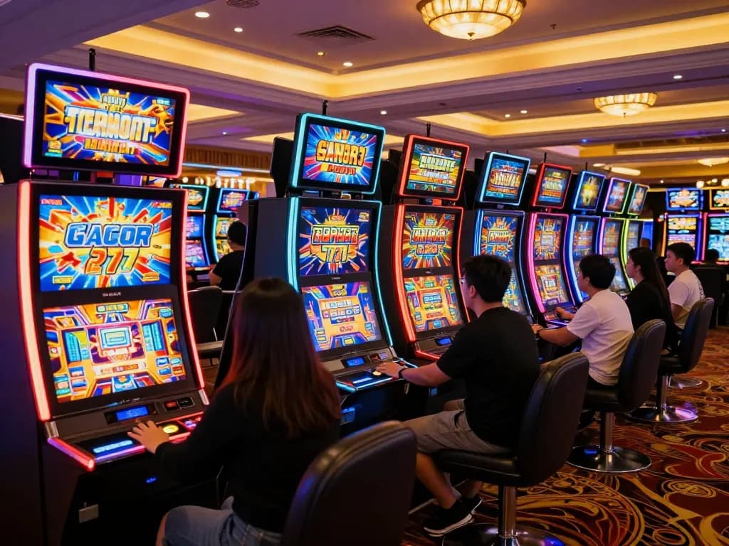 Players enjoying the thrill of slot gacor 777 games amid vibrant casino lights