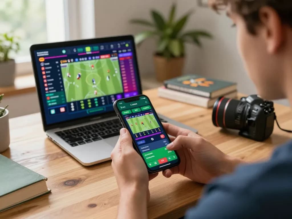 Engaged gambler placing bets on cá độ bóng đá online via smartphone application in cozy home atmosphere.