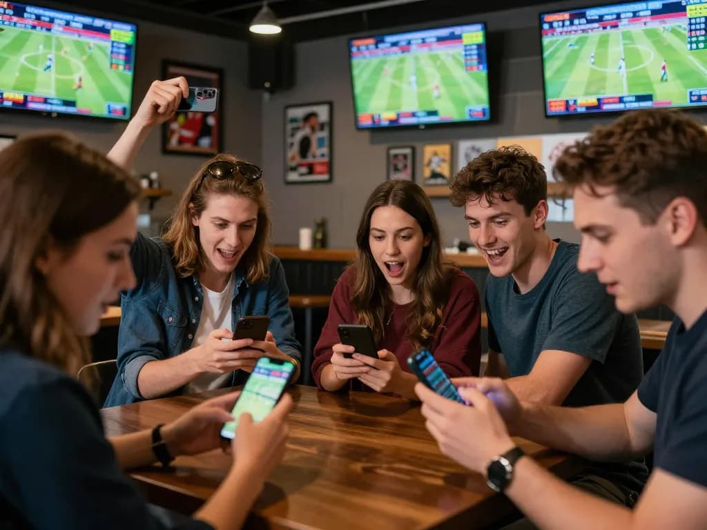 Engaged bettors analyzing kèo nhà cái in a lively sports betting bar with friends.