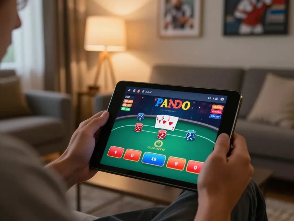 Player engaging in online gaming action on 789beta2 platform with a poker interface in a cozy home setting.