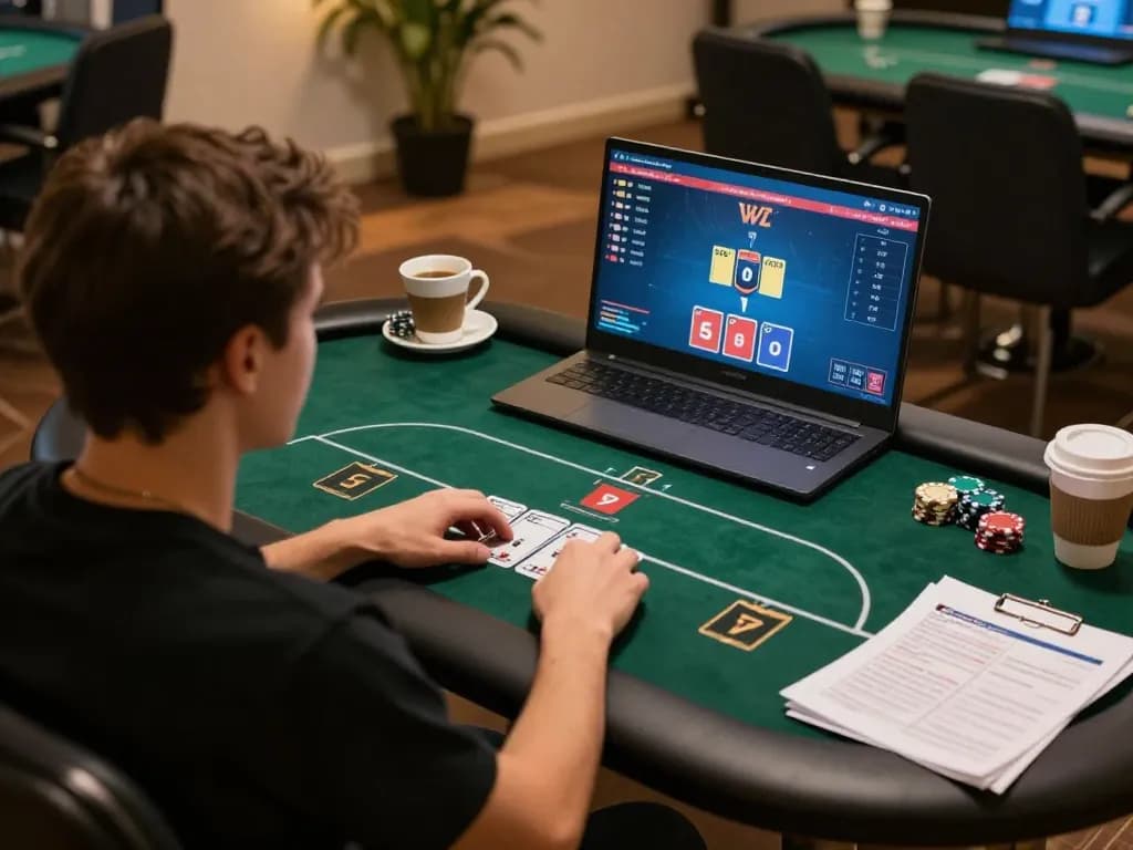 Player engaging with Hbet online poker game on laptop with strategy notes