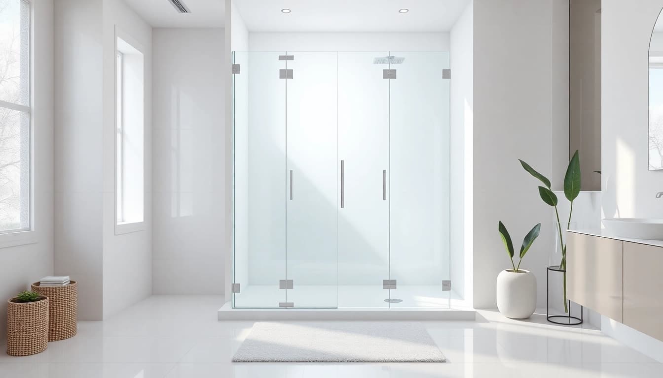 Admire the stunning corner shower screen frameless in a modern bathroom setting.