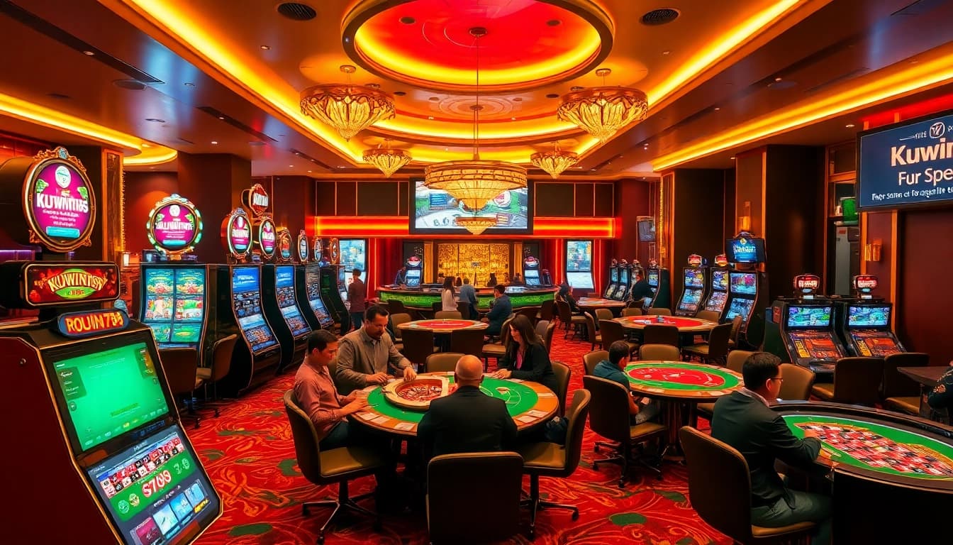 Kuwin789 casino scene showcasing players at slot machines and poker tables, highlighting the thrill of gaming.