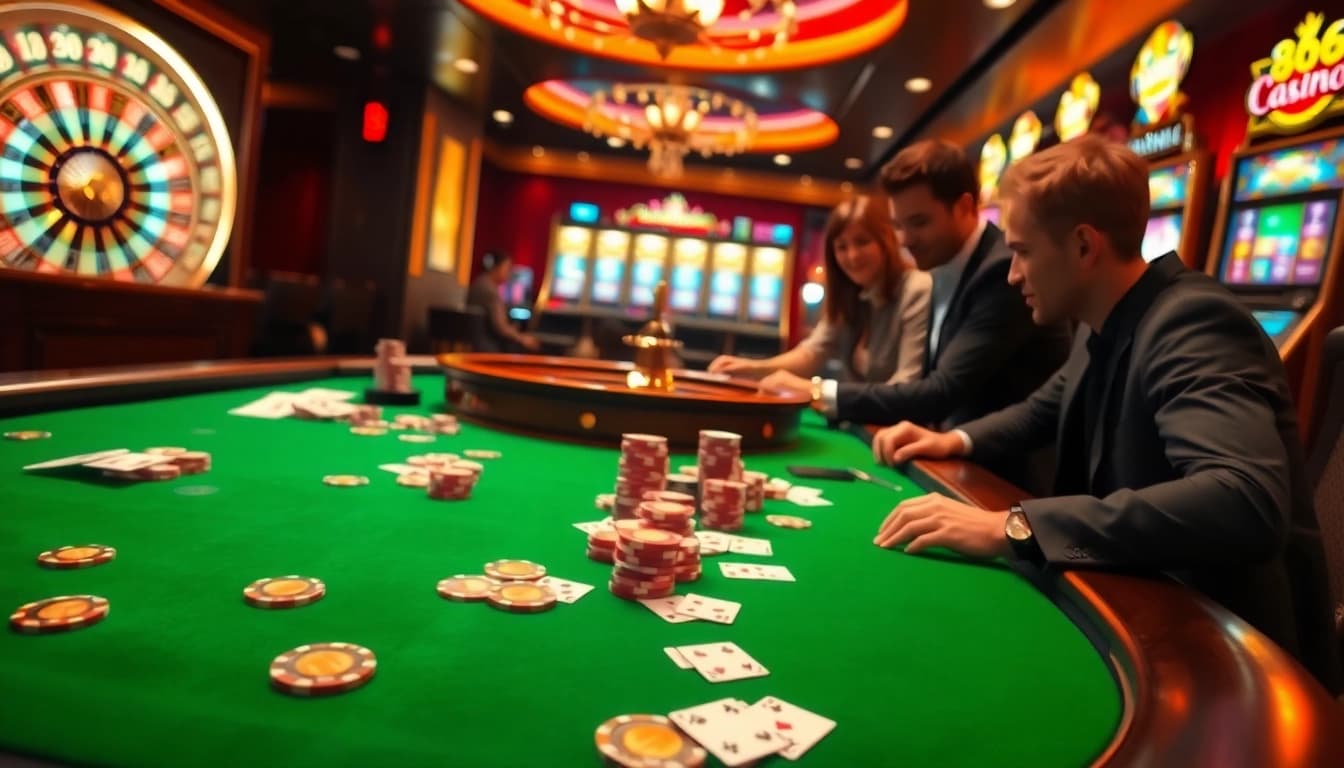 A thrilling gaming scene at QQ88, featuring poker chips, cards, and a spinning roulette wheel.