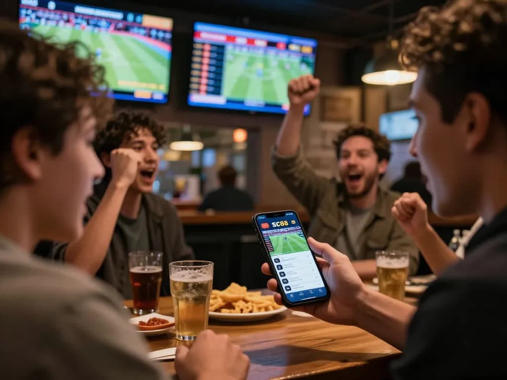 Sports betting excitement at SC88 with friends enjoying live game action and mobile betting.
