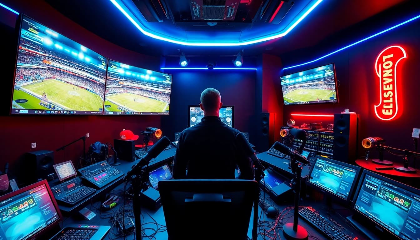 Captivating action in sports broadcasting with a broadcaster in a vibrant studio.