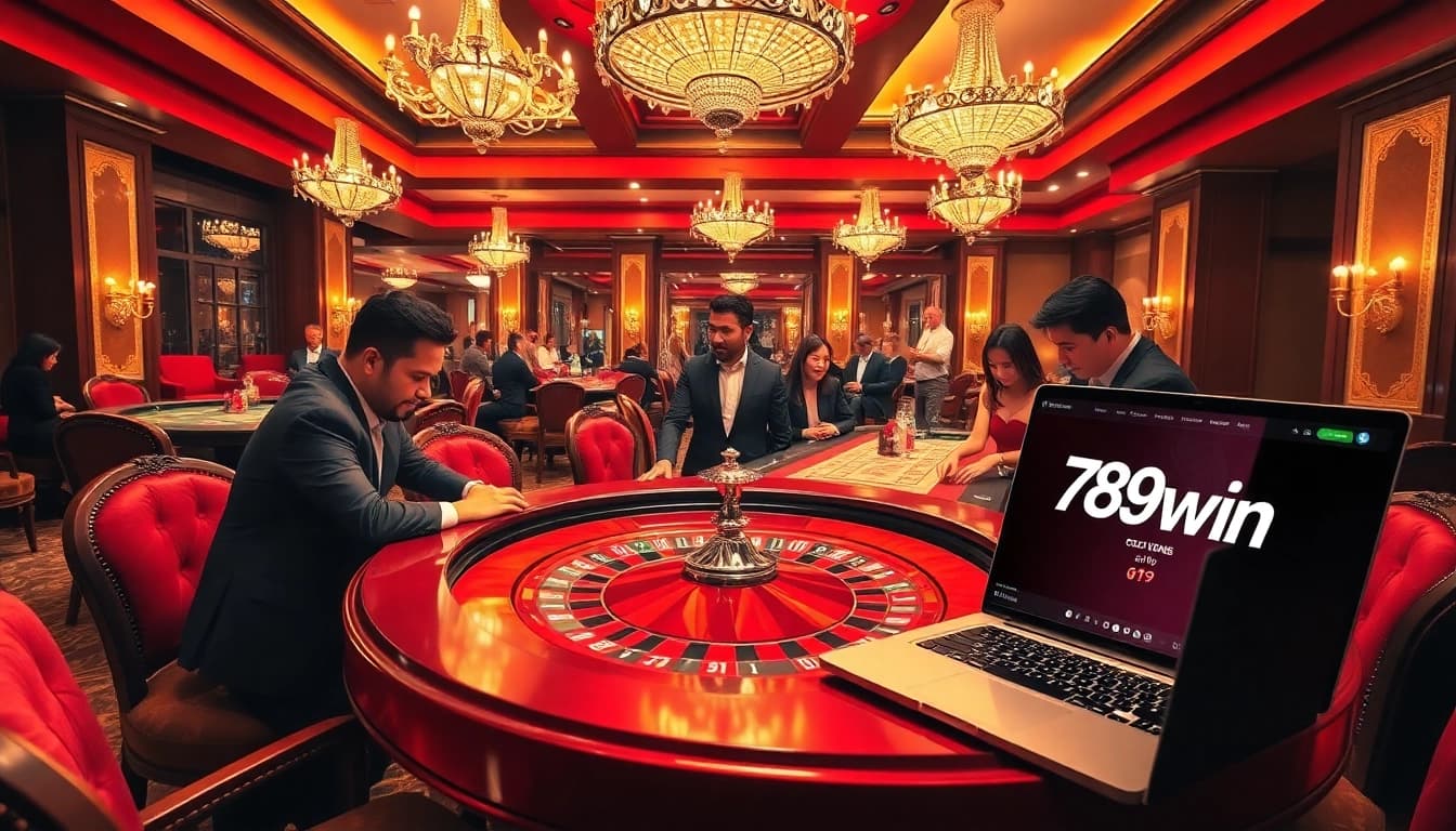 Players enjoying poker and roulette in a luxurious casino, featuring the online platform 789win.