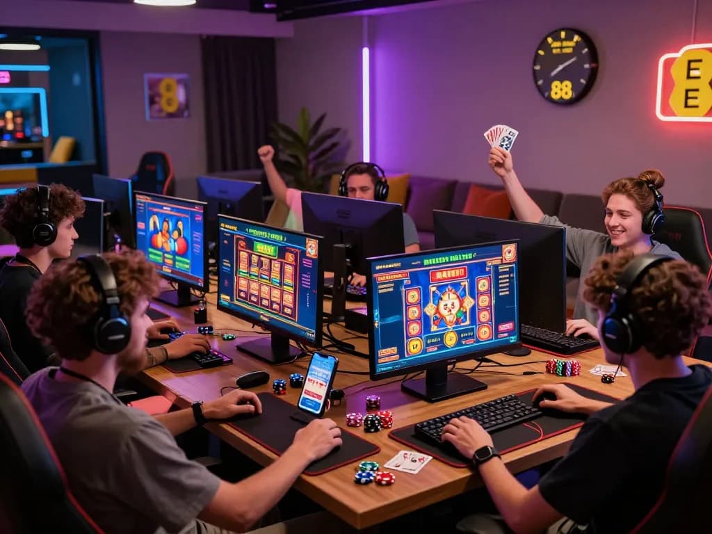 Players enjoying diverse games on EE88 platform, celebrating wins with vibrant gaming graphics.