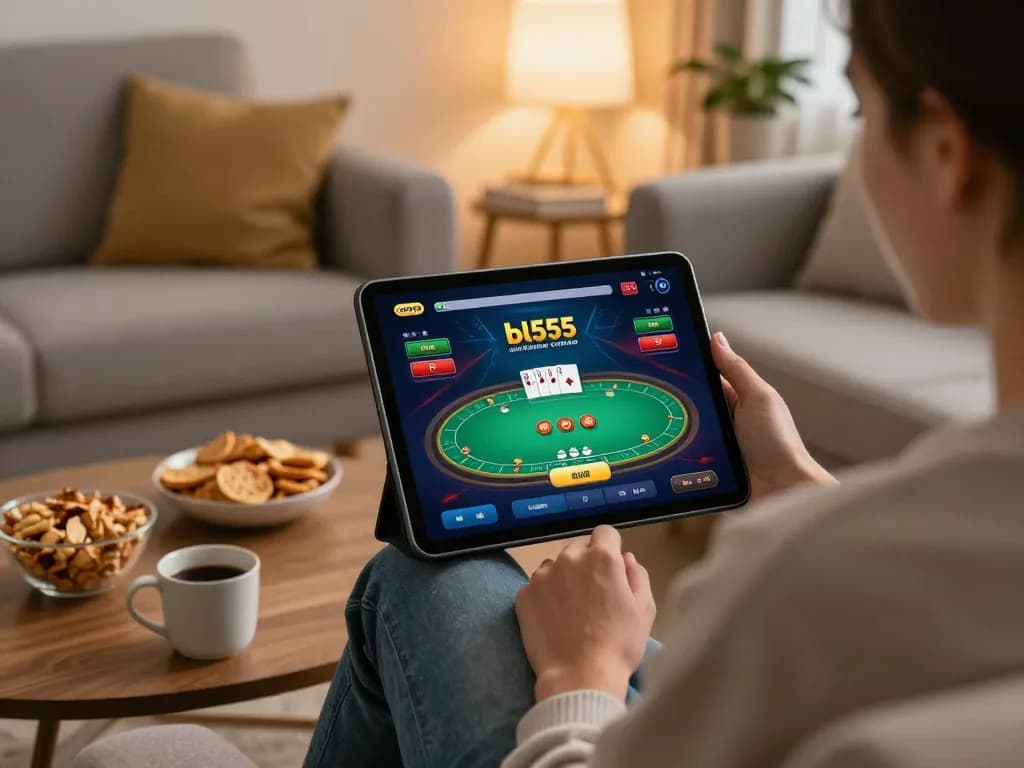 Player utilizing bl555 com on a tablet in a cozy home setting, engaging with online poker game.
