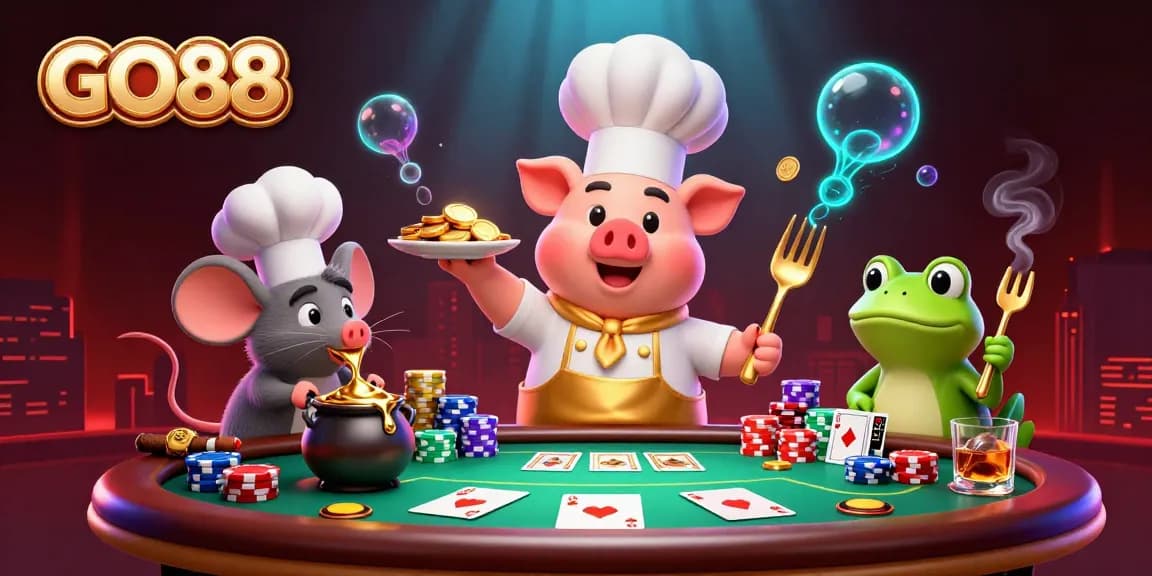 Engaging GO88 illustration of a pig chef with gold coins amidst vibrant poker elements.