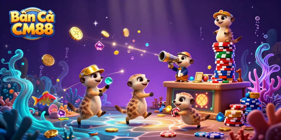 Bắn Cá CM88 showcases meerkats running a dynamic underwater casino with 3D visuals and vibrant game elements.