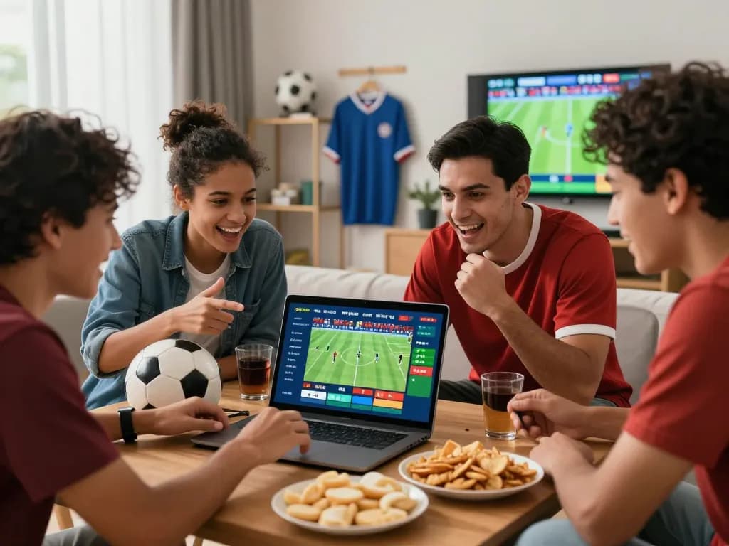 Friends engaged in web cá cược bóng đá, celebrating predictions and live betting together in a vibrant setting.