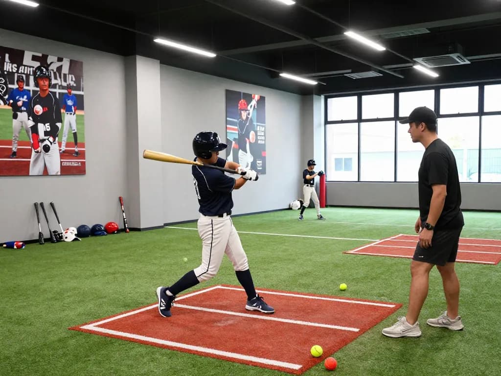 Young player training at the hit club, focused on swing technique in a vibrant indoor facility.