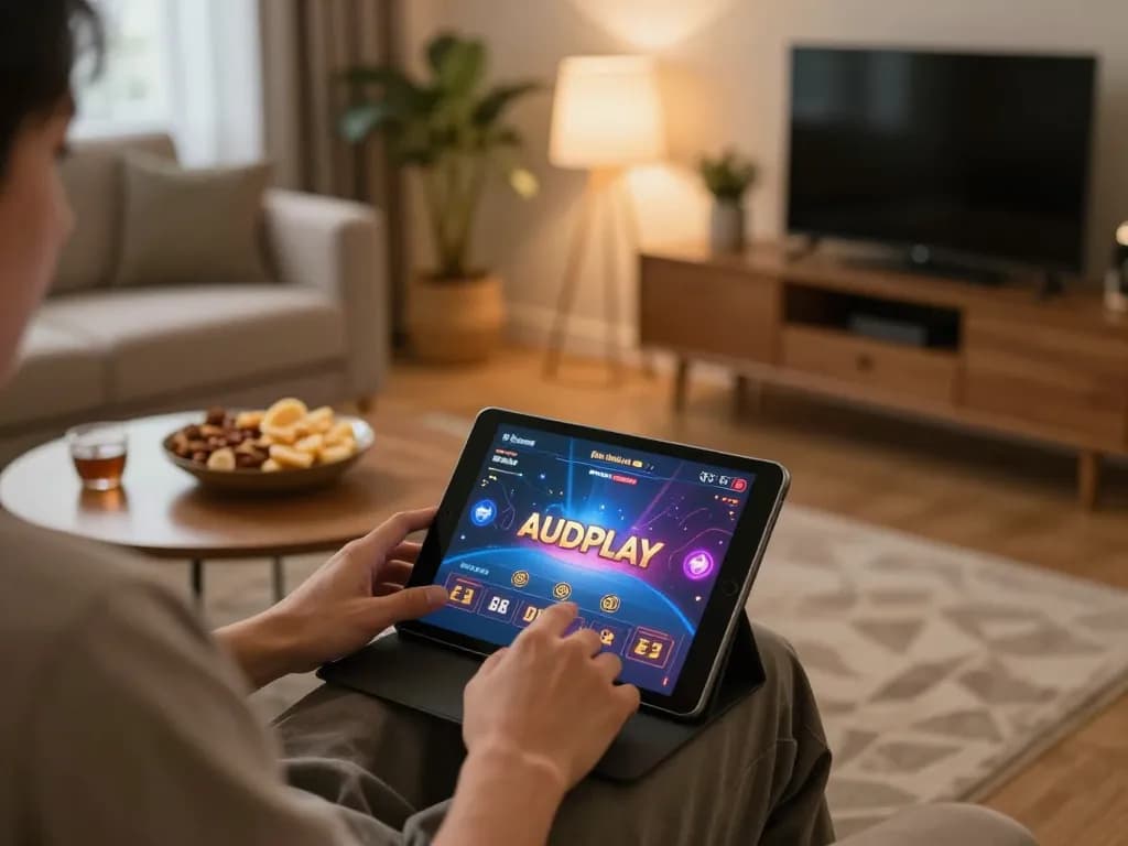 Engaging in online casino gaming with AUDPlay on a tablet in a cozy home setting.