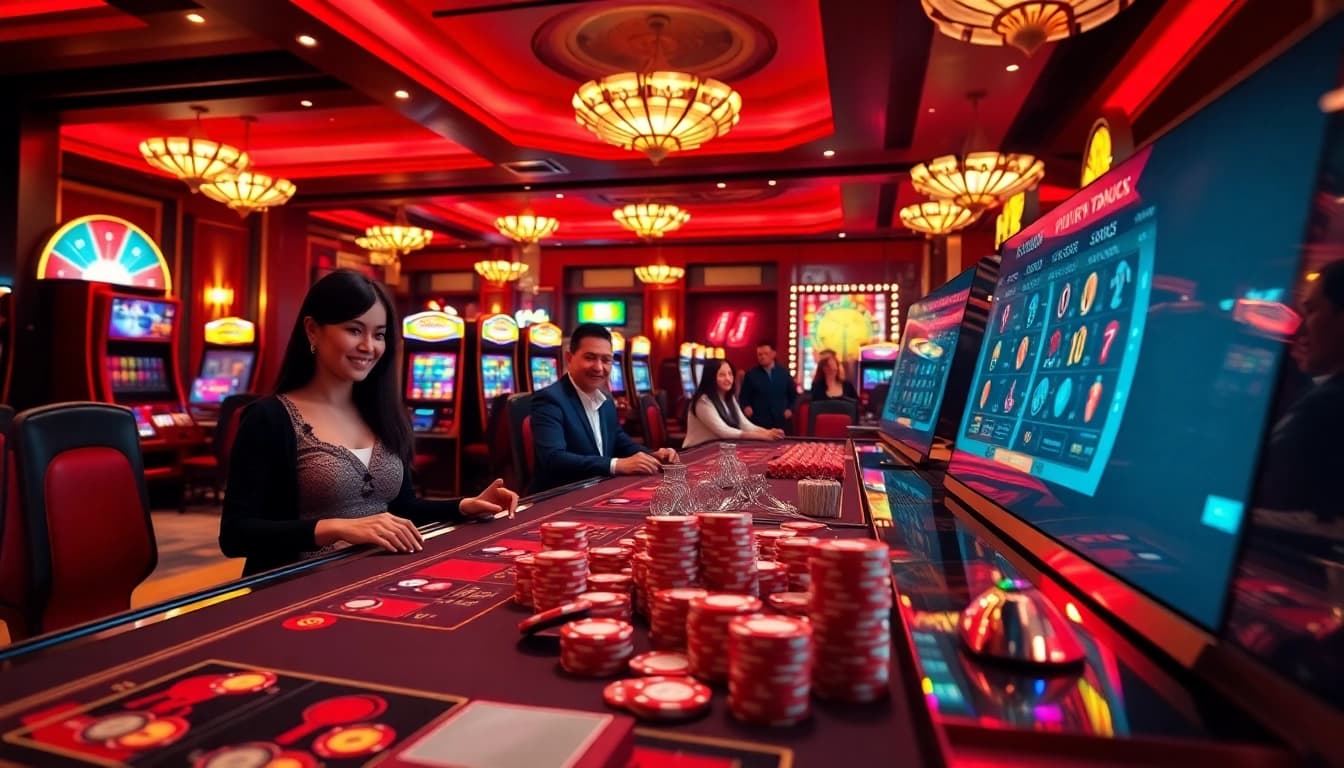 Players enjoying their experience at https://nk88.onl/ with vibrant slot machines and elegant casino tables.