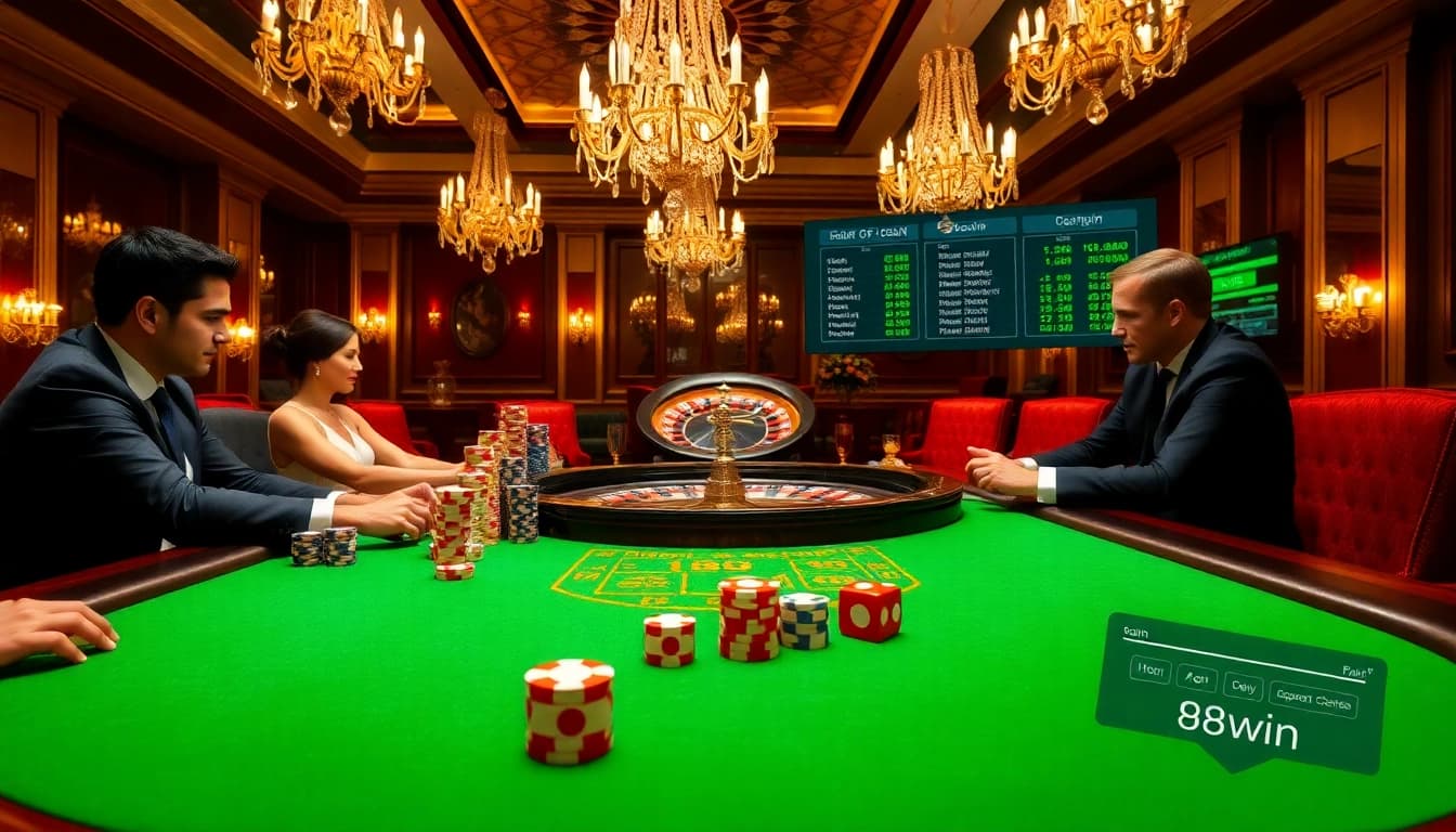 Engaging poker action at a luxurious table featuring 98win's vibrant casino vibe.