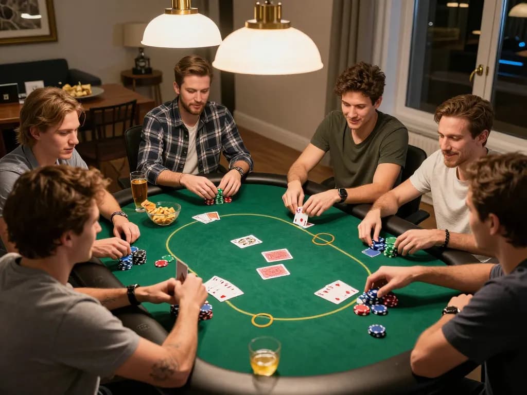 Friends enjoying a poker night at home with 789WIN, engaging in strategic play and social atmosphere.