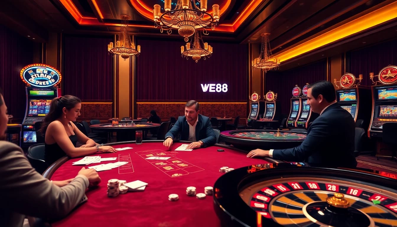 Experience the thrill of WE88 as players strategize at a luxurious casino table.