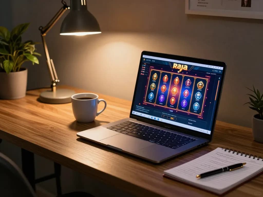 Pemain yang terlibat menggunakan antarmuka raja slot di laptop ramping di kantor rumah modern.