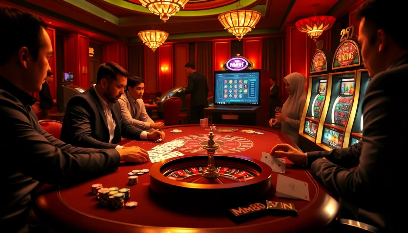 Engaged players enjoying high-stakes poker at MM88 vin casino table with vibrant atmosphere.
