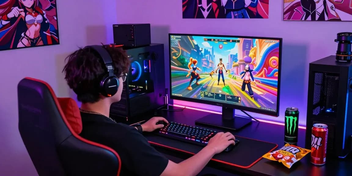 Engaged gamer playing a real hentai game in a colorful, immersive setup with anime posters and vibrant RGB lights.